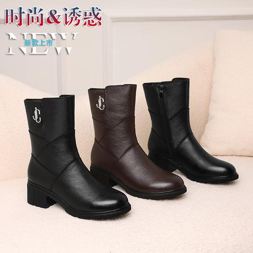批发加绒保暖中筒靴冬季新款水钻装饰侧拉链休闲女靴防水台女鞋